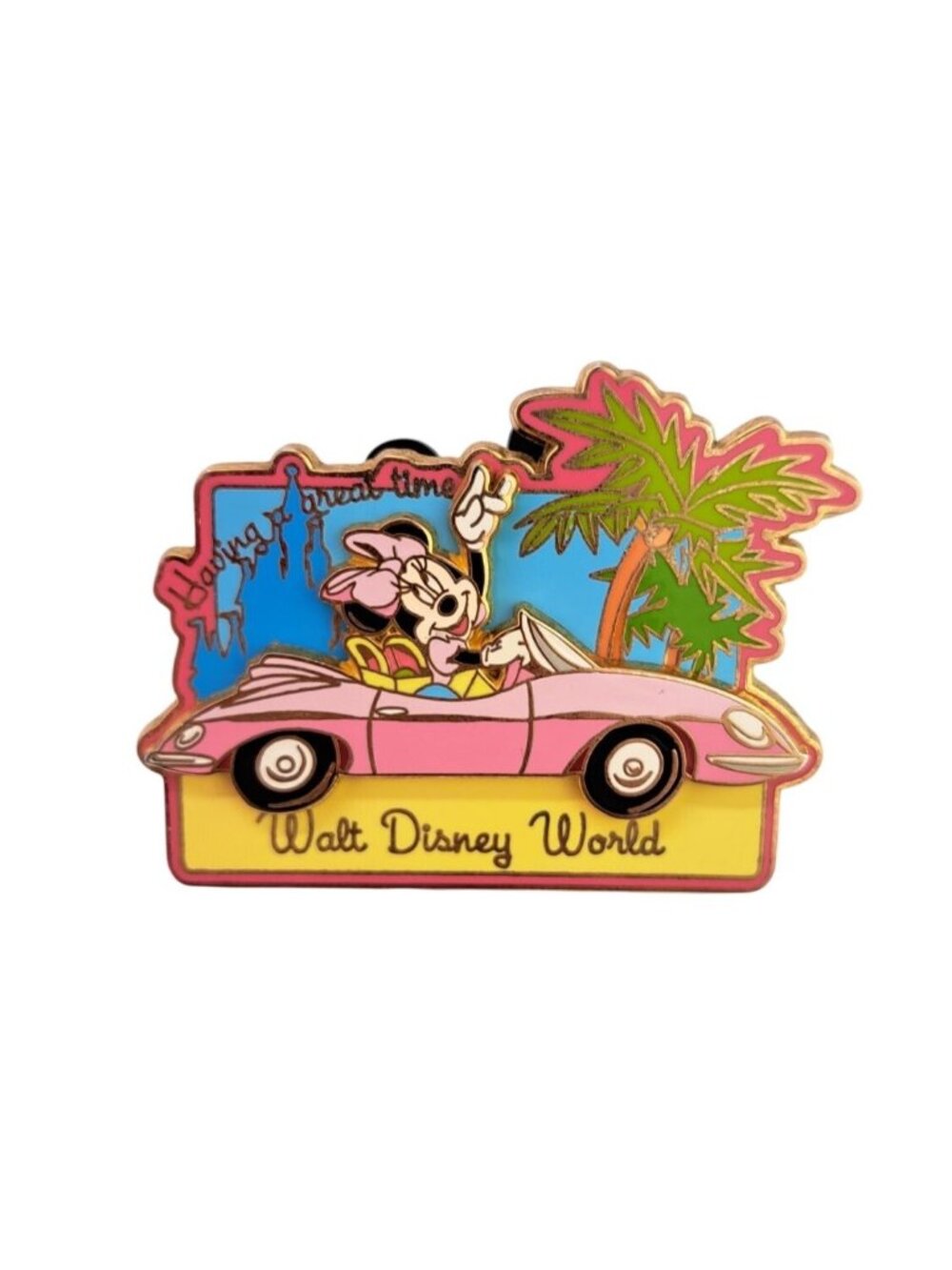 Vintage Minnie Mouse Walt Disney World Pin Great Time Pink Car 2003 Postcard